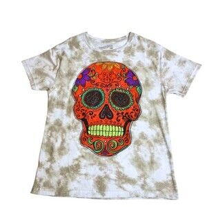 White Tie Dye T-Shirt, Day of the Dead Skull Tee Shirt Medium